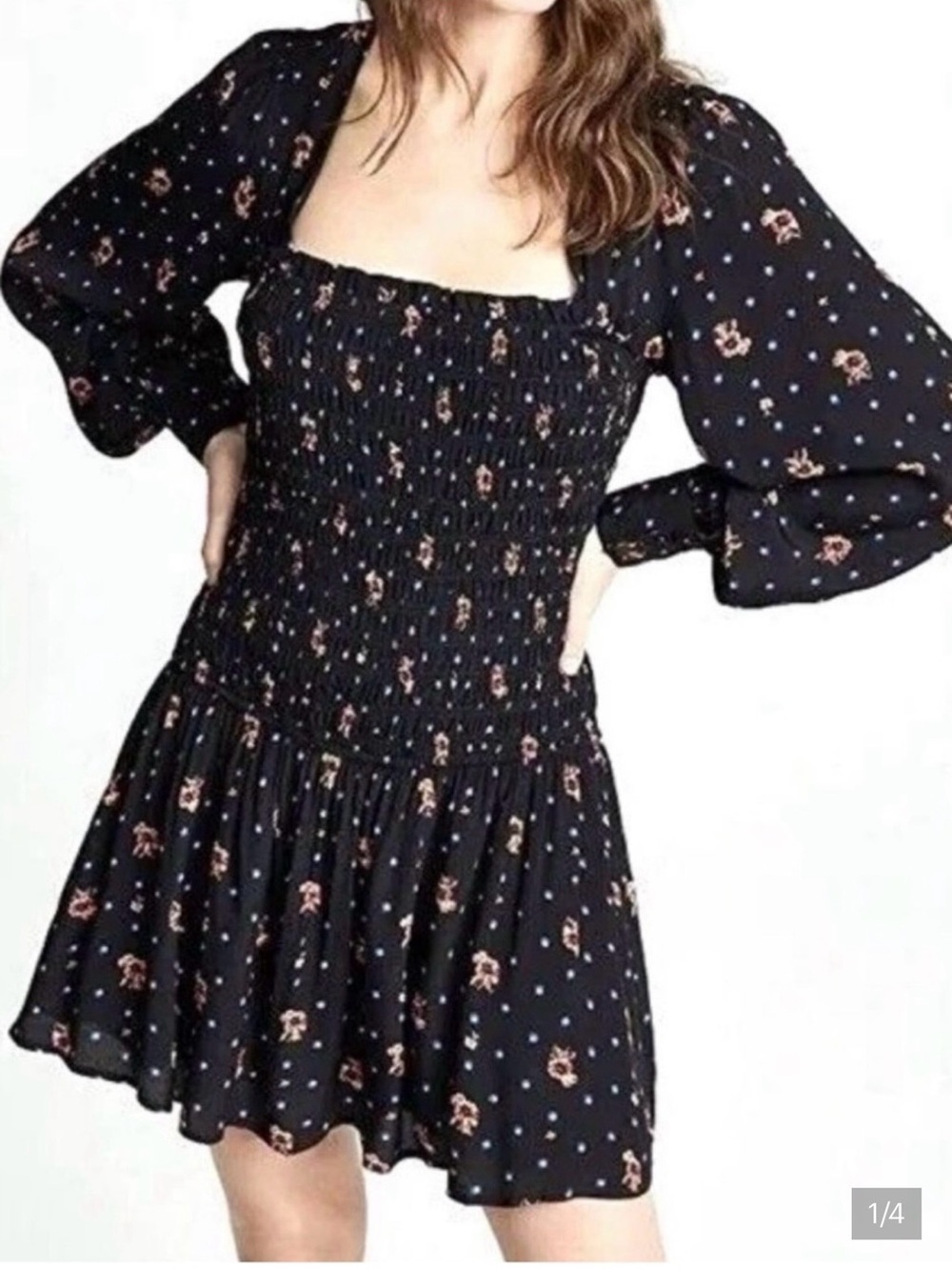 NWOT Free People Still Online $128.00 Two Faces Floral Smocked Mini Dress Viscos